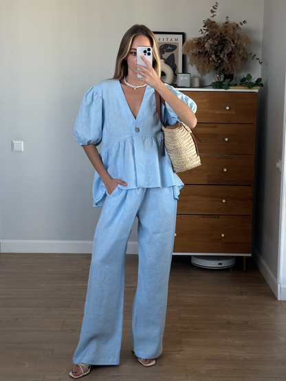Linen Ruffled Bubble Sleeve Two-piece Set