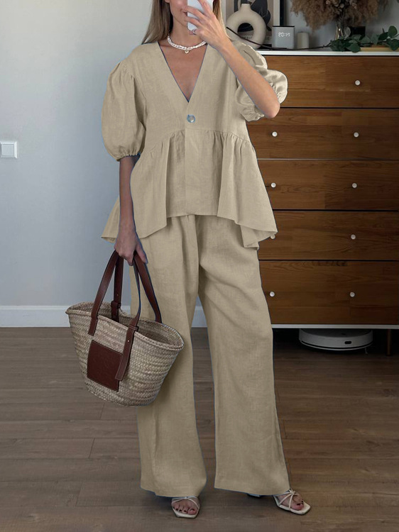Linen Ruffled Bubble Sleeve Two-piece Set